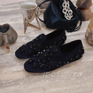 IDO/TT欧货女鞋2025秋季新款绸缎钉珠花朵方头一脚蹬平底乐福鞋