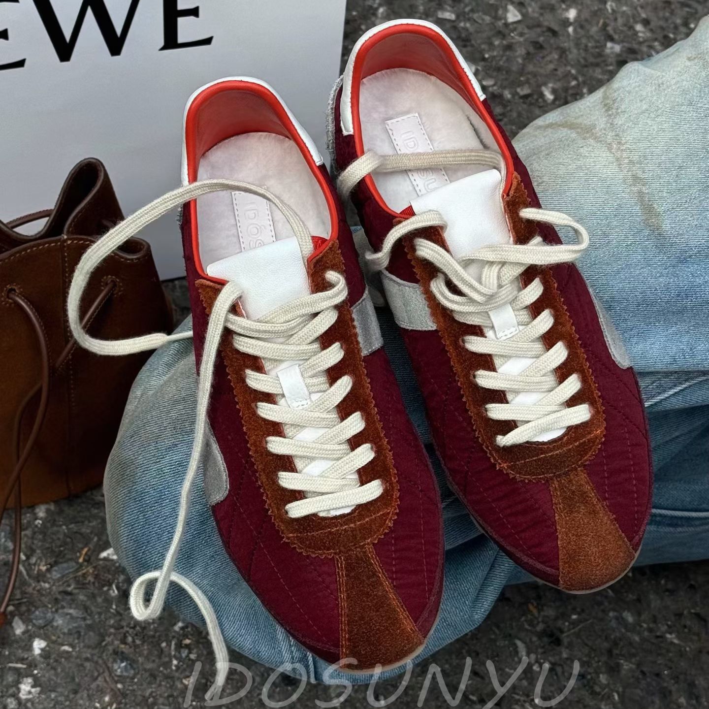 IDO/TT欧货女鞋2025秋冬新款牛猄皮拼色圆头系带薄绒里休闲德训鞋