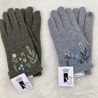 加绒加厚可触屏刺绣女士五指手套