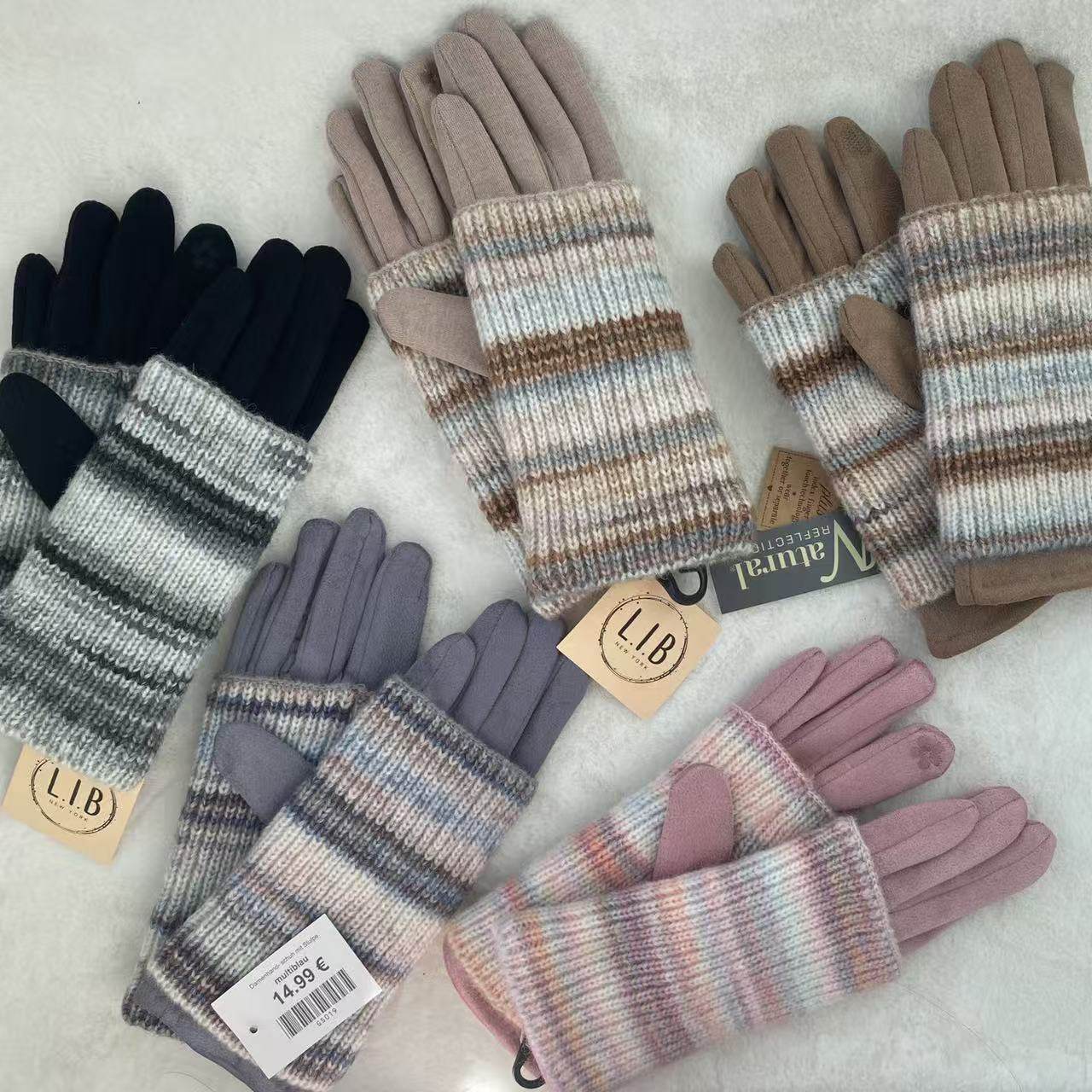 欧美外贸款 可拆卸条纹针织套加绒保暖自行车电动车冬款女士手套