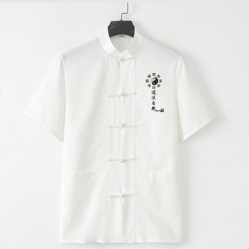 太极服装刺绣道法自然唐装居士衣服中国风上装盘扣短袖武术教练装