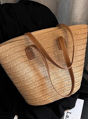 夏天草编包女大容量竹编托特包海边沙滩度假旅游菜篮子编织水桶包