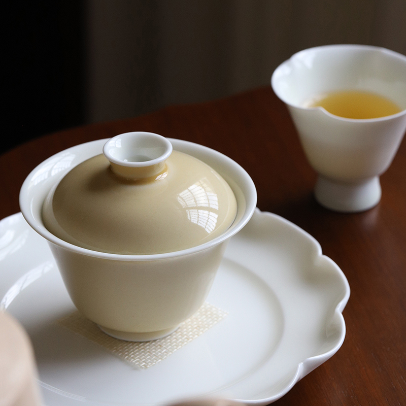 行丘 缃叶黄|牙白盖碗 纯手工仿古泥颜色釉不烫手茶器