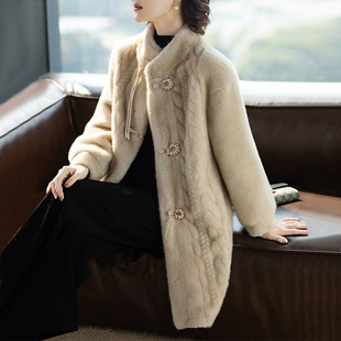 中年妈妈春秋外套中长款高贵水貂绒大衣中老年2025新款女冬装洋气