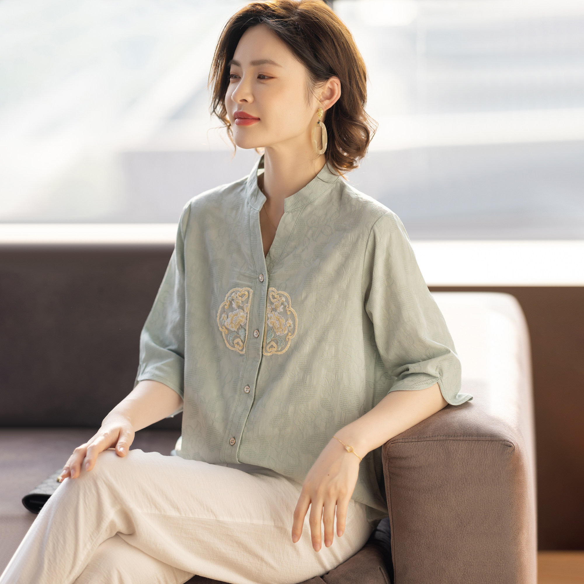 中老年人夏装女妈妈衬衫短袖新中式国风上衣服洋气质高贵2025新款