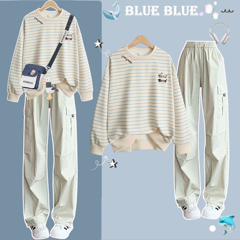 学院风条纹卫衣时尚工装运动套装