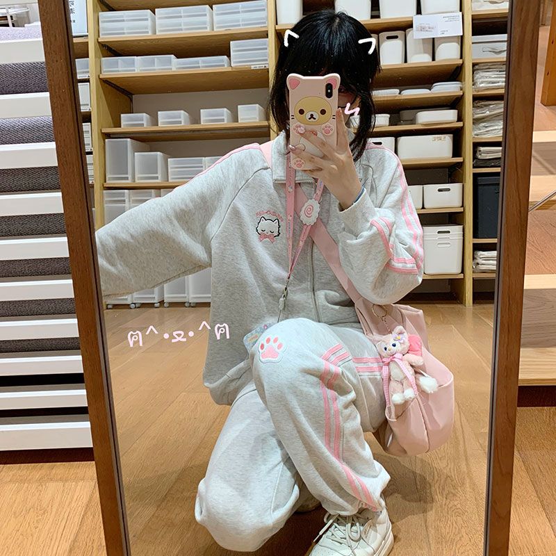 少女休闲风撞色运动服套装设计感减龄春秋装学院风宽松显瘦一整套