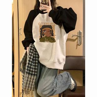 潮牌INS风插肩袖 套头上衣服 圆领卫衣外套女春秋新款 宽松休闲长袖