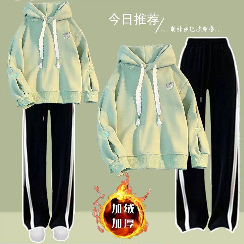 少女多巴胺风休闲连帽卫衣套装秋冬新款加绒加厚学院风穿搭一整套