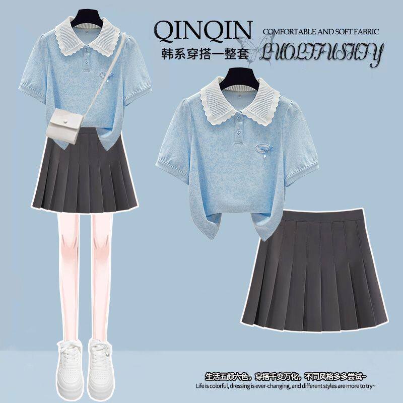 学院风甜美百褶裙少女夏装新款初高中生青春韩系套装小清新一整套