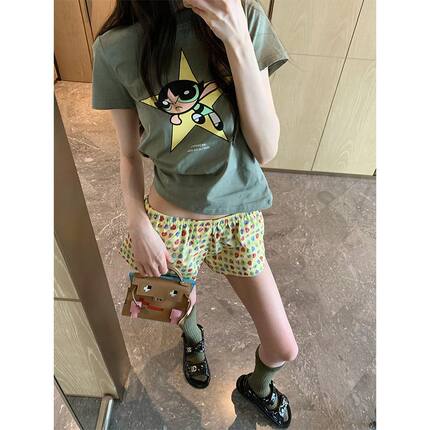 美式复古少女感休闲慵懒套装夏季卡通印花短袖+碎花短裤两件套ins