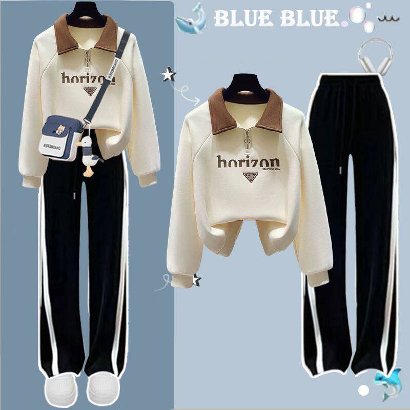 时尚撞色休闲风Polo领卫衣套装女