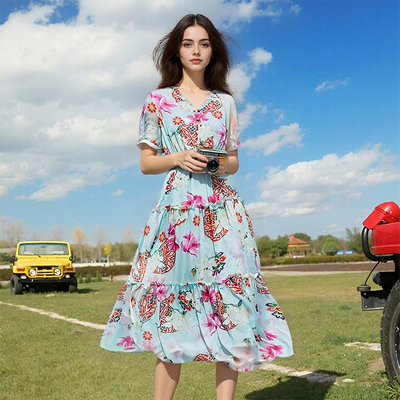 希腊风情碎花V领显瘦沙滩长裙