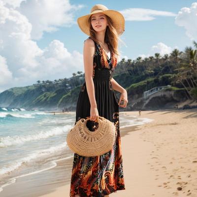 波西米亚海边度假大码印花连衣裙