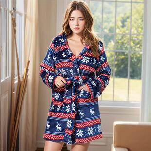 睡袍浴袍法兰绒印花胖mm家居服 大码 秋冬新款 北欧风格