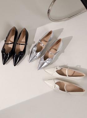 Weslien Rowe单鞋法式优雅牛皮银色女鞋尖头低跟软底扣带玛丽珍鞋