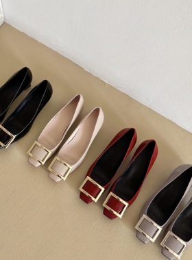 Weslien Rowe单鞋法式复古方扣牛漆皮女鞋方头粗跟优雅通勤高跟鞋