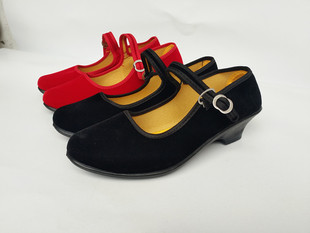 民族民间舞蹈鞋带跟舞蹈鞋女士民族舞鞋跳舞鞋夏季黑色布鞋平绒布