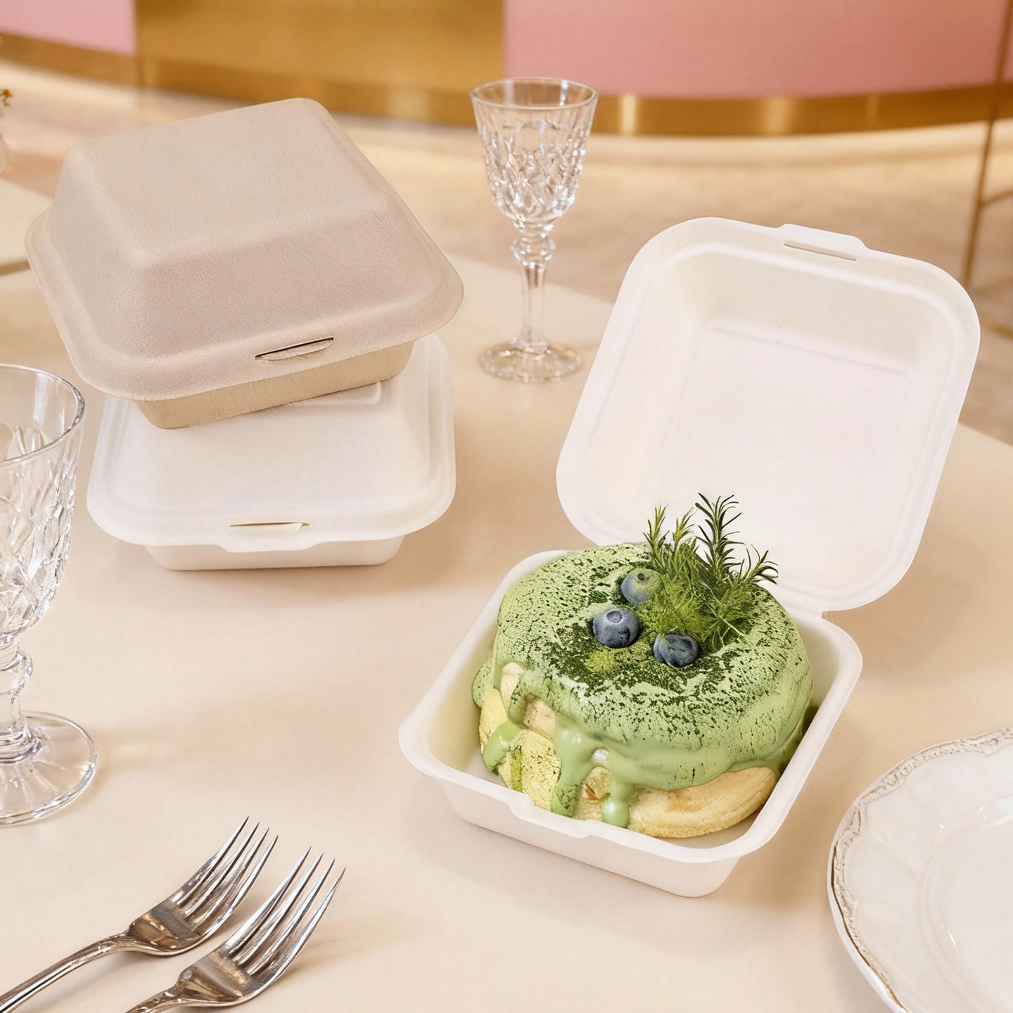 三合草一次性方形纸浆盒舒芙蕾提拉米苏打包盒便携点心包装盒定制