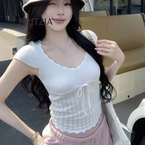 Aritzia女装加拿大镂空V领花边钩针收腰抽绳减龄套头甜美针织短袖