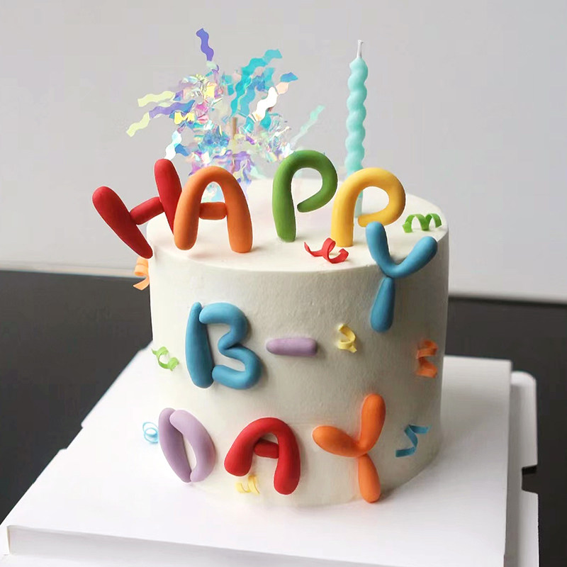 软胶彩色英文字母生日蛋糕装饰摆件糖果色蜡烛雨丝甜品台烘焙插件