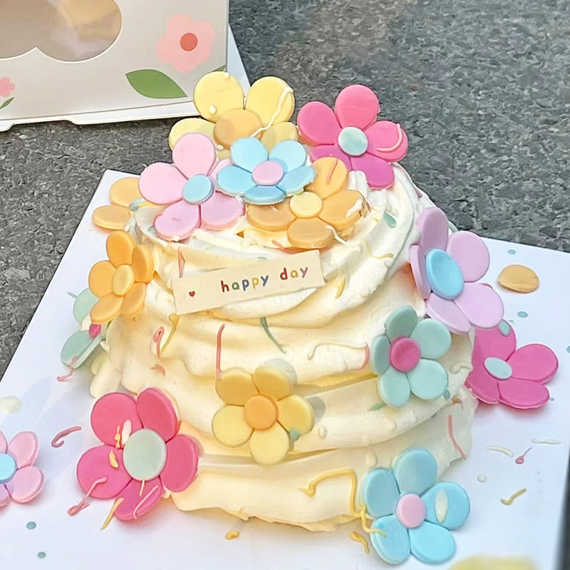 网红五瓣花朵生日蛋糕装饰摆件韩式ins风小花卡通生日快乐插牌