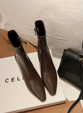 重磅！百搭之王~！秋冬时尚尖头中跟瘦瘦弹力靴法式小短靴女单靴