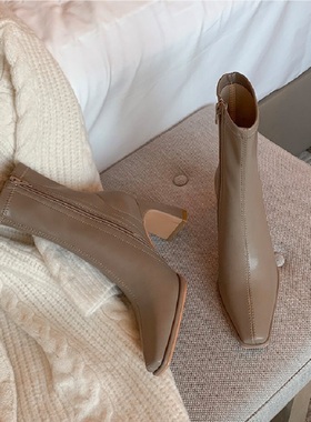 HOTSPOT~店主一米九！韩版显瘦弹力靴方头粗跟短靴真皮瘦瘦靴子女