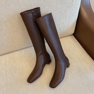 日本货 棕色全皮长靴子女平底骑士靴不过膝方头高筒靴 基础之王