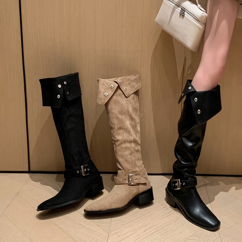 两穿翻折堆堆靴粗跟过膝长靴女