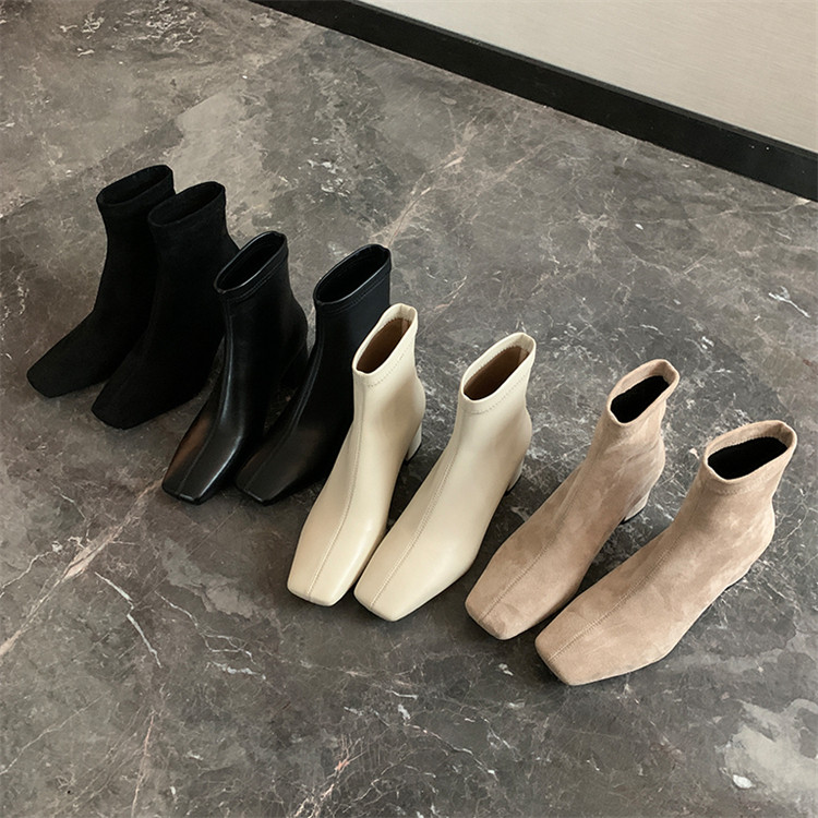 chic 强推~！巨巨舒服！简约复古方头粗高跟短靴弹力靴瘦瘦靴单靴,女鞋,弹力靴/袜靴,淘宝优惠券,粉丝福利购,淘宝优惠卷