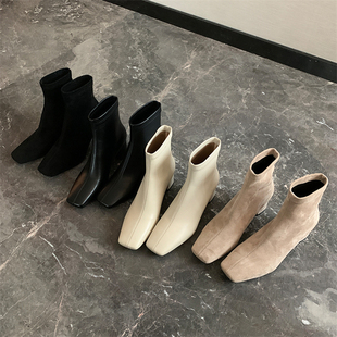 chic 强推~!巨巨舒服!简约复古方头粗高跟短靴弹力靴瘦瘦靴单靴