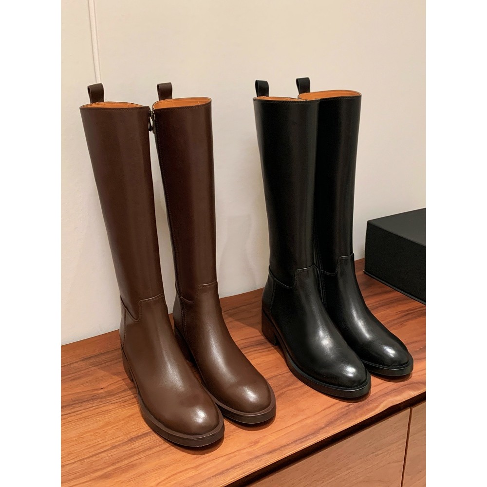 复古真皮骑士靴女棕色直筒长筒靴