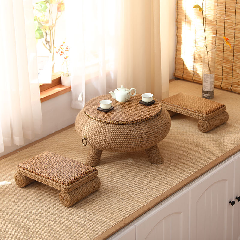 可储物麻绳飘窗小桌子极简圆桌