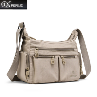 玛莎世家多口袋尼龙布斜挎包女轻便单肩包大容量休闲妈妈包通勤包
