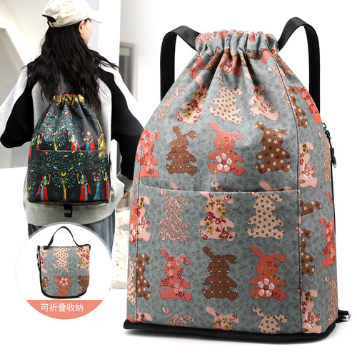 大容量防泼水背包女抽绳束口袋花布包中老年休闲双肩包买菜购物袋