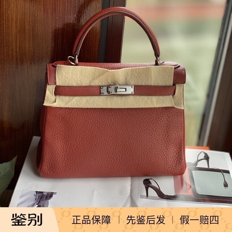 95新Hermes爱马仕kelly28砖红色togo皮银扣女士肩背手提包
