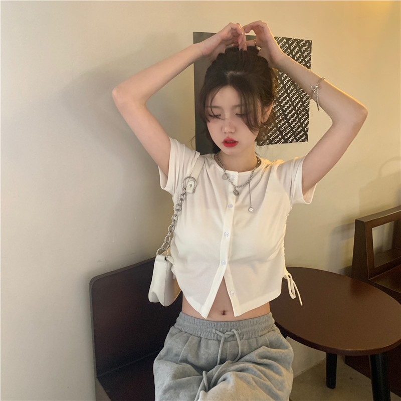 Real shot spring and summer new short sleeve T-shirt women's short round neck retro design drawstring white top