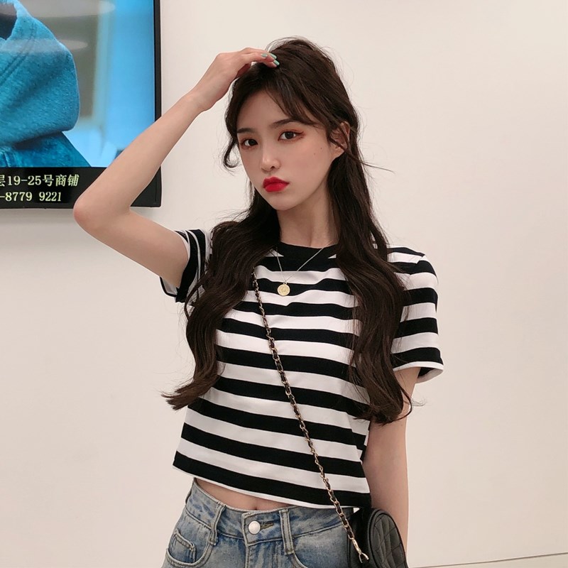 Real shot black and white striped t-shirt female short sleeve Korean net red show thin versatile half sleeve top