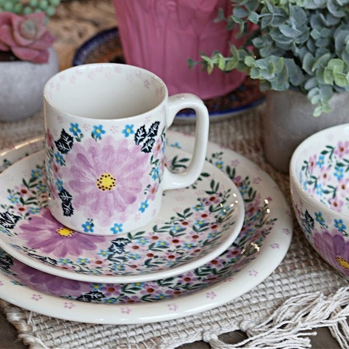 波兰进口釉下彩手绘水彩粉花茶壶马克杯汤面碗米饭碗大烤盘U211