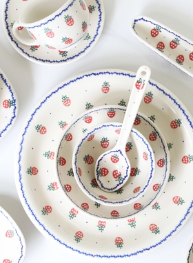 阿紫同款波兰进口原产釉下彩手绘陶瓷可爱草莓面碗菜盘牛排盘B265