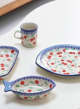 波兰进口手绘陶瓷器可爱樱桃汤面碗圆盘早餐盘烤箱碗米饭碗 2715X