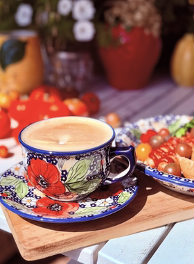 波兰进口手绘陶瓷艺术家款尖嘴奶缸小茶壶咖啡杯碟送友人礼物IM02