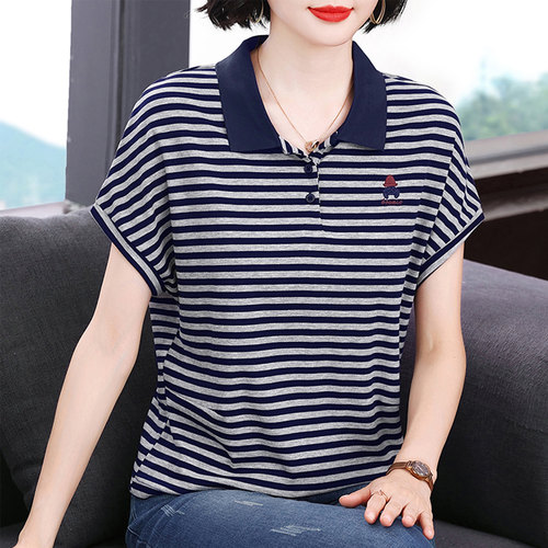 中老年妈妈翻领纯棉短袖T恤上衣