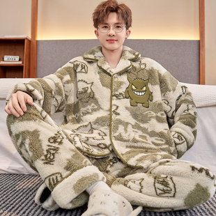 2025翻领法兰绒睡衣男冬季加厚加绒保暖秋冬款卡通冬天家居服套装