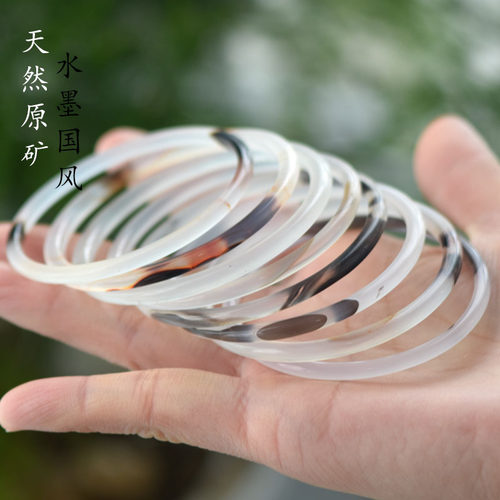 纤纤素手瑞丽女玛瑙水墨手镯原矿