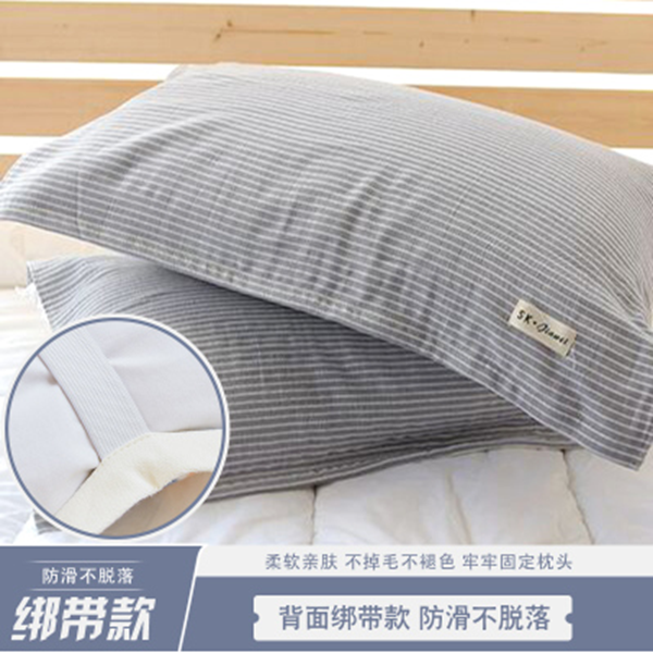 日式纯棉四层纱布条纹枕巾绑带