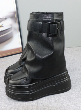 12CM隐形增高可拆卸裤管靴女秋冬10cm小个子黑色堆堆靴洋气马丁靴
