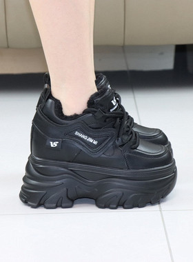 黑色内增高12CM厚底老爹鞋女冬季新款小个子10cm松糕底加绒大棉鞋