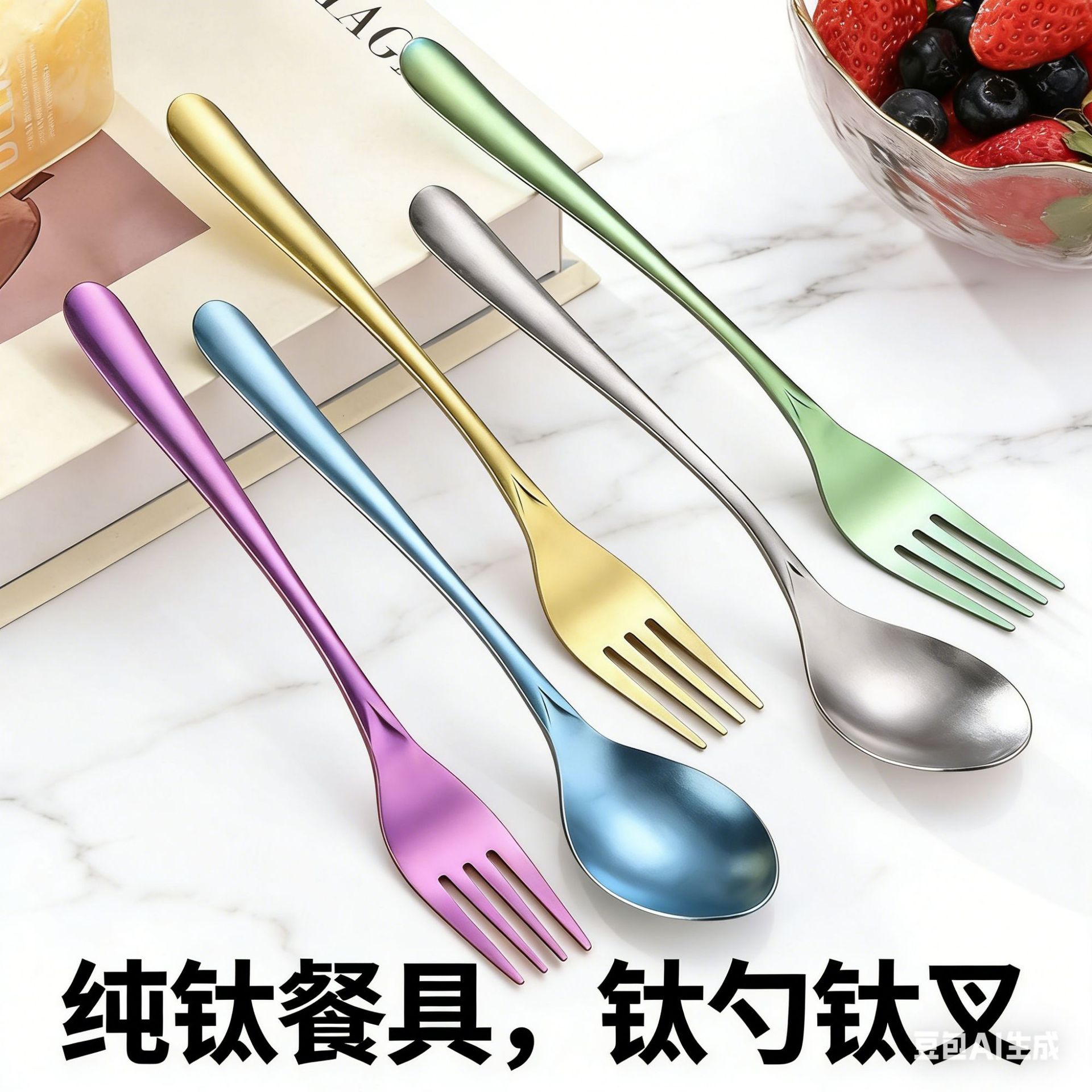 世卡迪纯钛韩式长柄汤勺水果叉